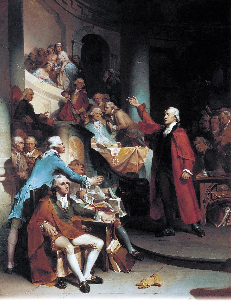 Painting of Patrick Henry's "If this be treason, make the most of it!" speech against the Stamp Act of 1765